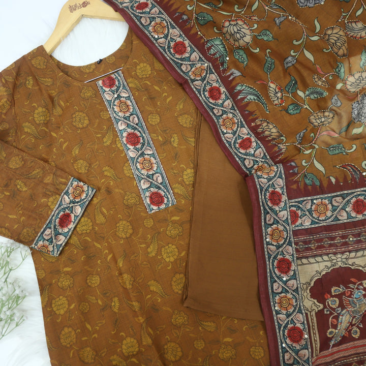 Heeriye Light Brown Digital Printed Chanderi Top with Kantha work Dupatta 3 Piece Set