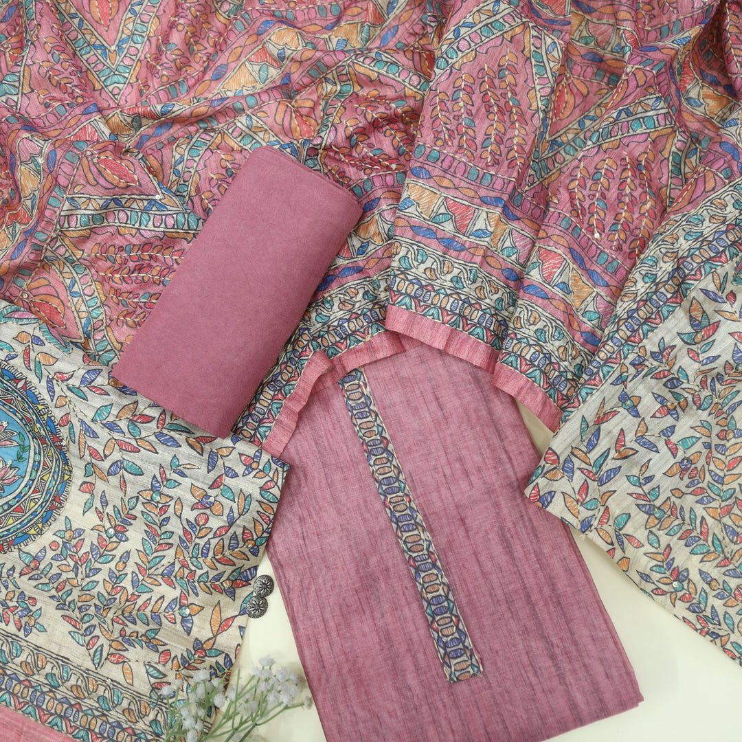 Kohinoor Blush Red Chanderi Top with Kantha Work Dupatta Set