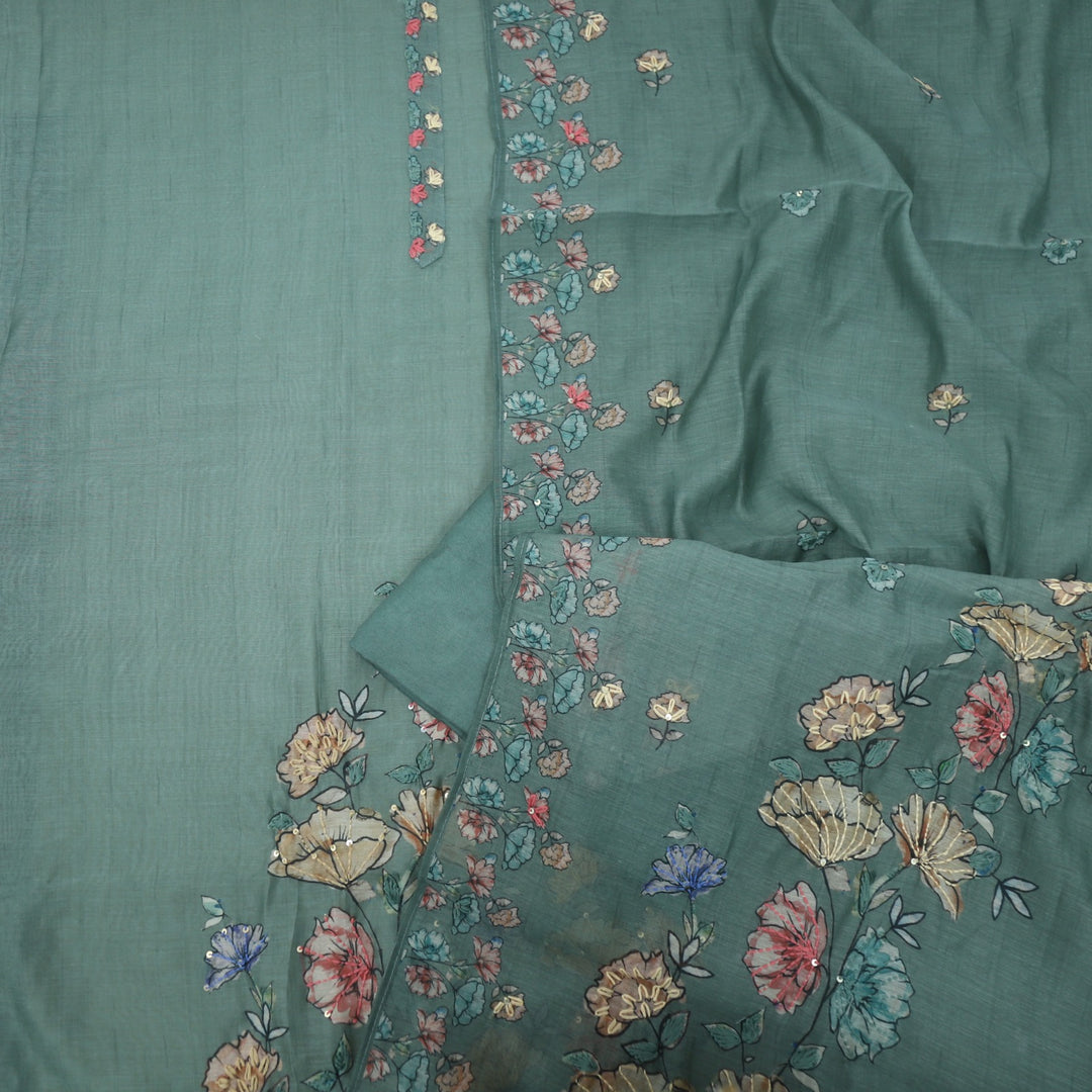 Kohinoor Fern Green  Kantha Work Chanderi Top with Kantha Work Dupatta Set