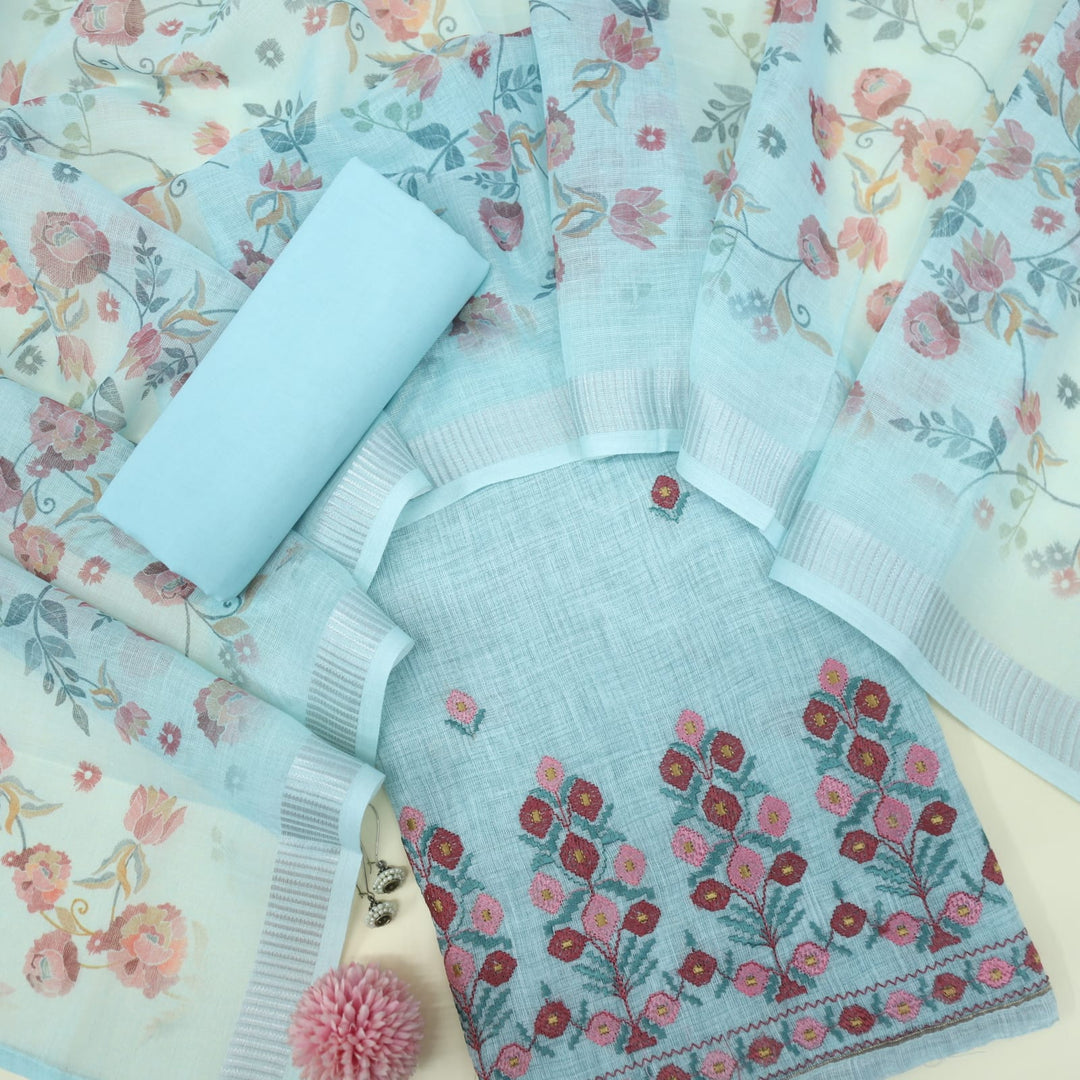 Lehjaa Sky Blue Cotton Linen Top and Cotton Linen Dupatta