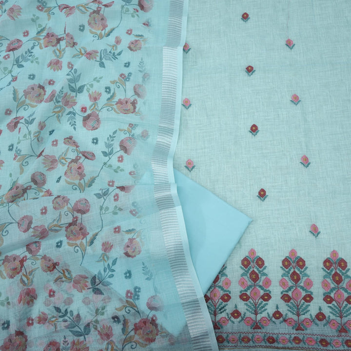 Lehjaa Sky Blue Cotton Linen Top and Cotton Linen Dupatta