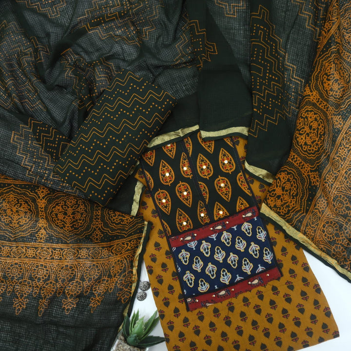 Ruhani Sandstone Yellow Ajrak Cotton Top and Kota Dupatta