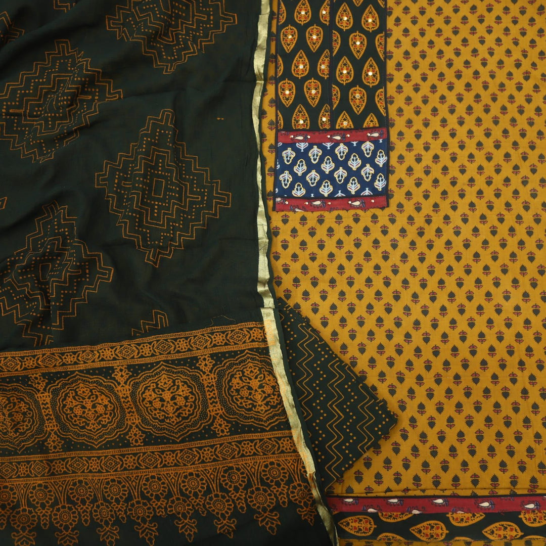 Ruhani Sandstone Yellow Ajrak Cotton Top and Kota Dupatta