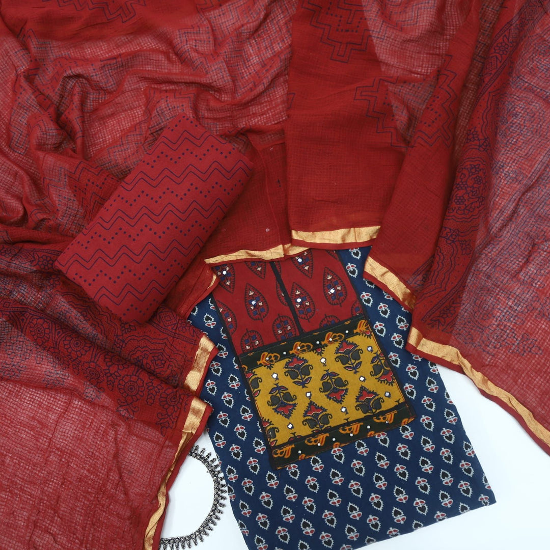 Ruhani Demin Blue Ajrak Cotton Top with Kota Dupatta