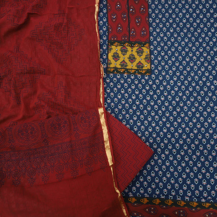 Ruhani Demin Blue Ajrak Cotton Top with Kota Dupatta