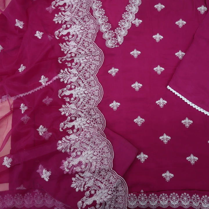 Bandegi Hot Pink Embroidered V Neck Muslin Top and Embroidered Organza Dupatta Set-D2