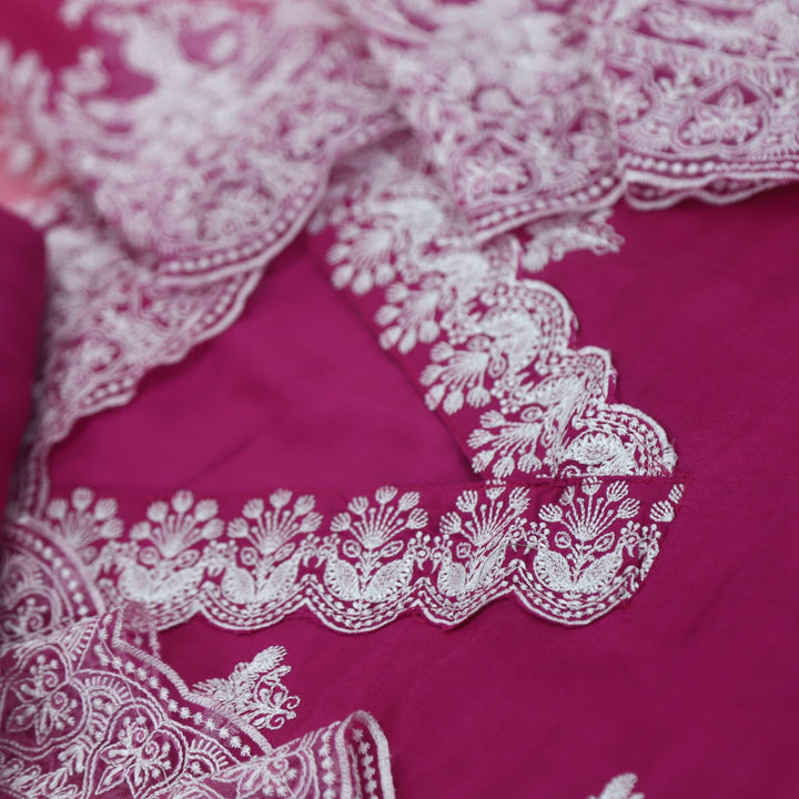 Bandegi Hot Pink Embroidered V Neck Muslin Top and Embroidered Organza Dupatta Set-D2