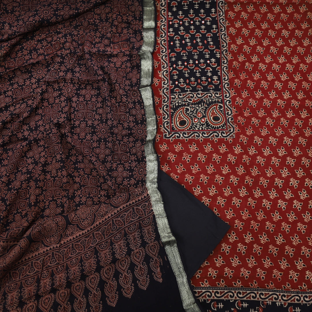 Khairiyat Scarlet Red Ajrak Work Cotton Top With Printed Dupatta