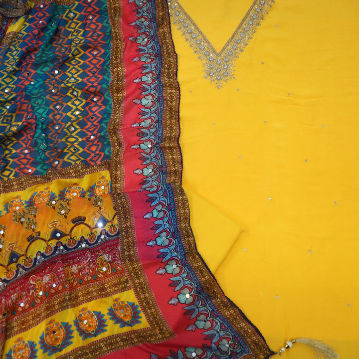 Qurbat Cyber Yellow Dola Silk Top With Chiffon Crispy Dupatta