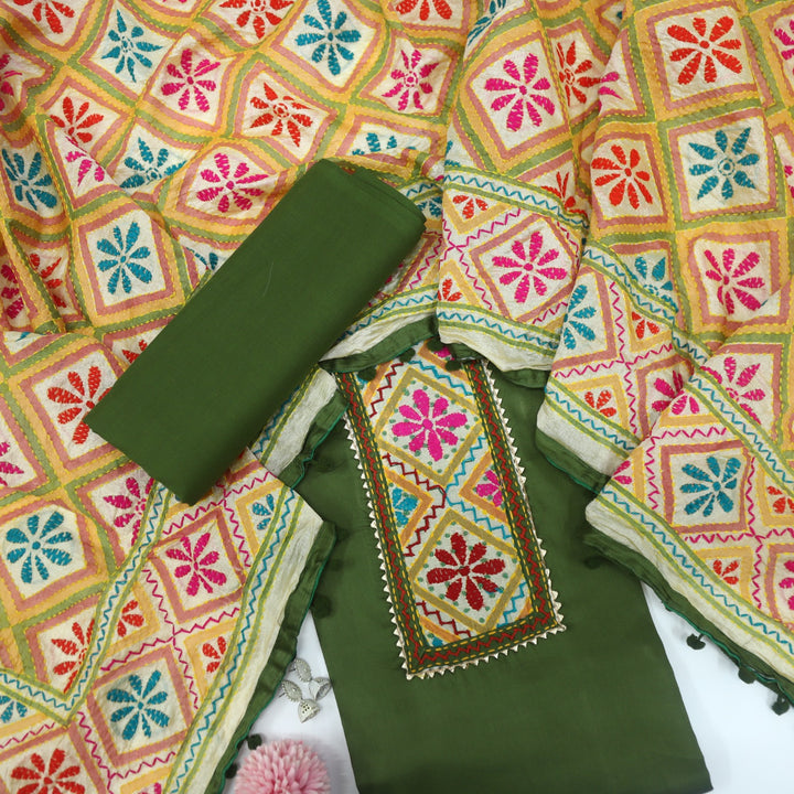 Farishta Basil Green Glazed Cotton Top With Art Silk Dupatta