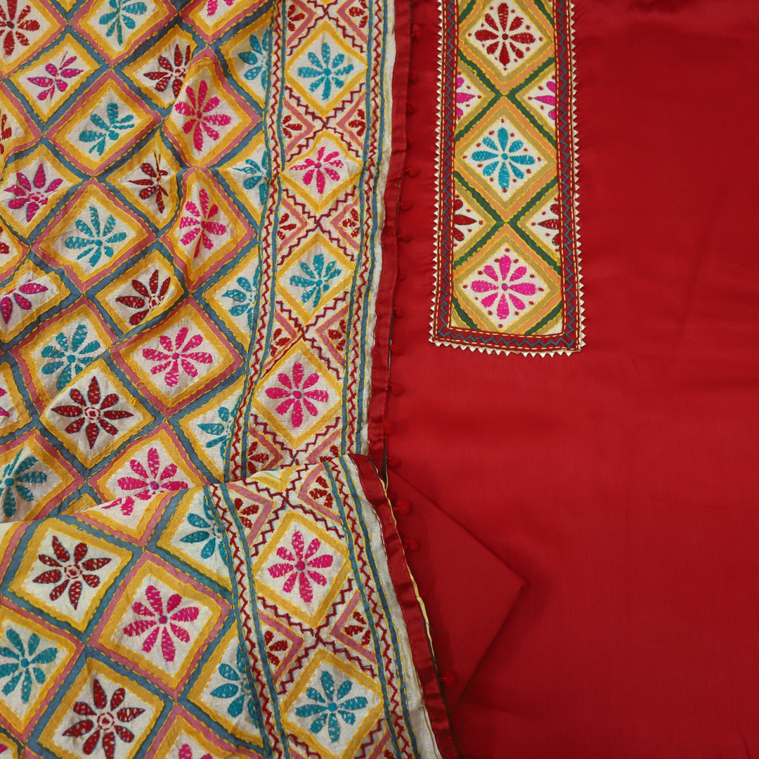 Farishta Apple Red Glazed Cotton Top With Art Silk Dupatta