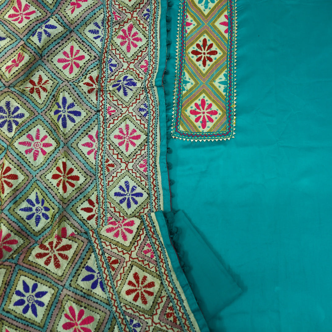 Farishta Ocean Blue Glazed Cotton Top With Art Silk Dupatta