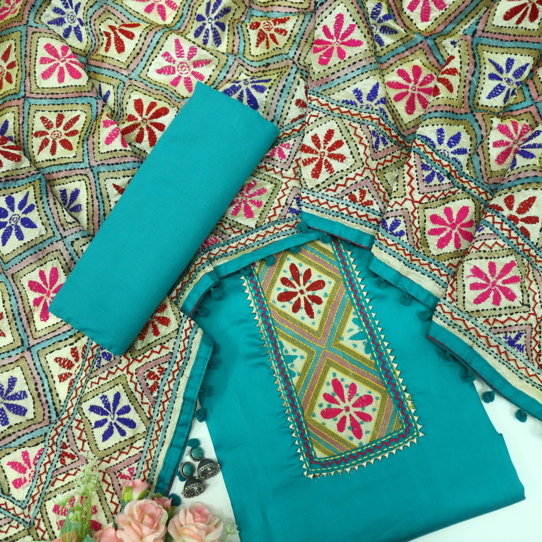 Farishta Ocean Blue Glazed Cotton Top With Art Silk Dupatta