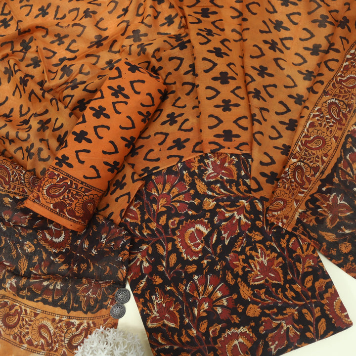 Lehjaa Burnt Orange Printed Cotton Top and Cotton Dupatta