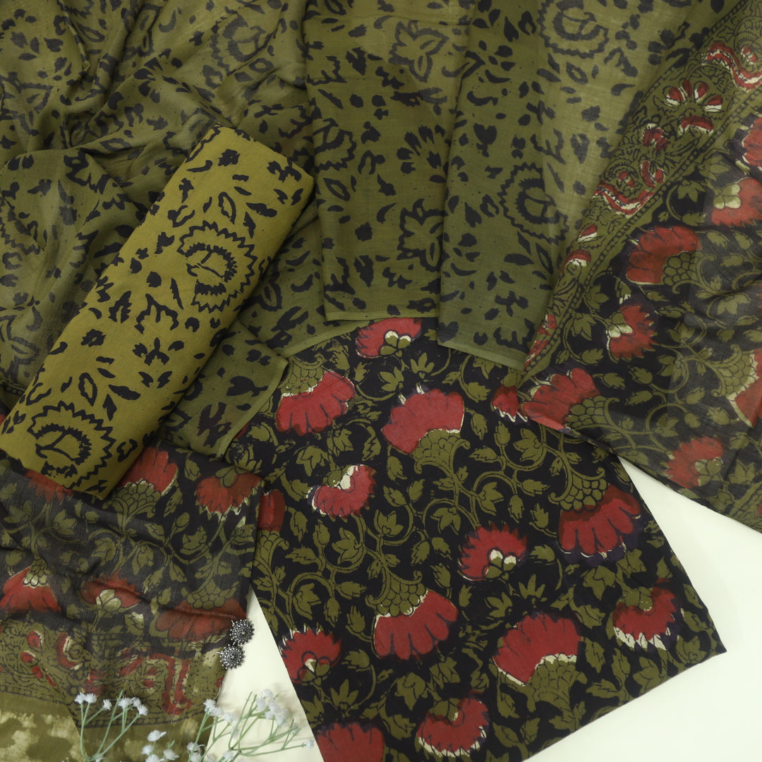 Lehjaa Crocodile Green Printed Cotton Top and Cotton Dupatta