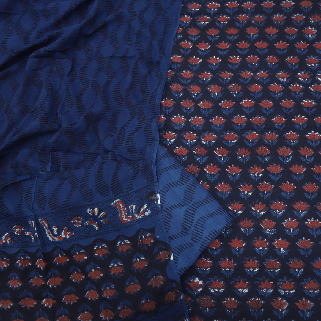 Lehjaa Denim Blue Printed Cotton Top and Cotton Dupatta