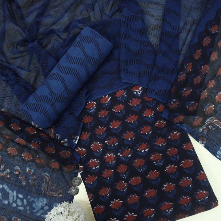 Lehjaa Denim Blue Printed Cotton Top and Cotton Dupatta