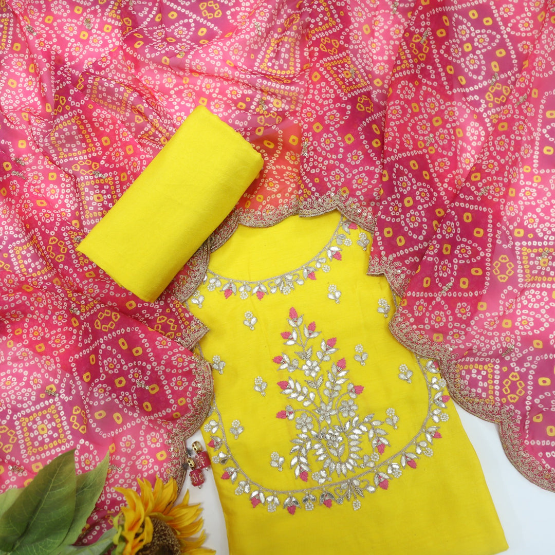 Diwaangi Banana Yellow Dola Silk Top with Organza Dupatta