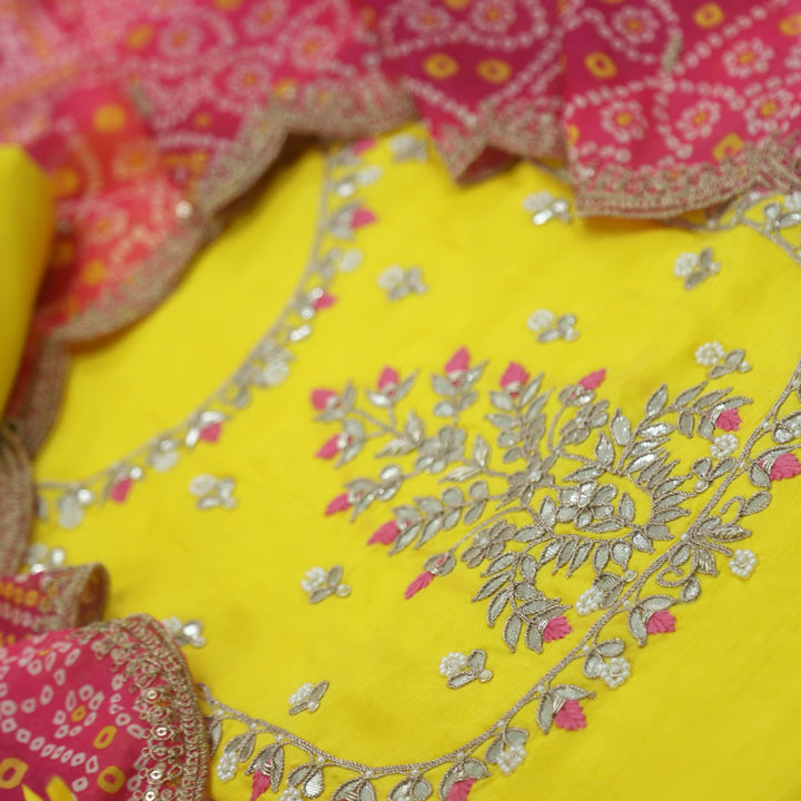 Diwaangi Banana Yellow Dola Silk Top with Organza Dupatta