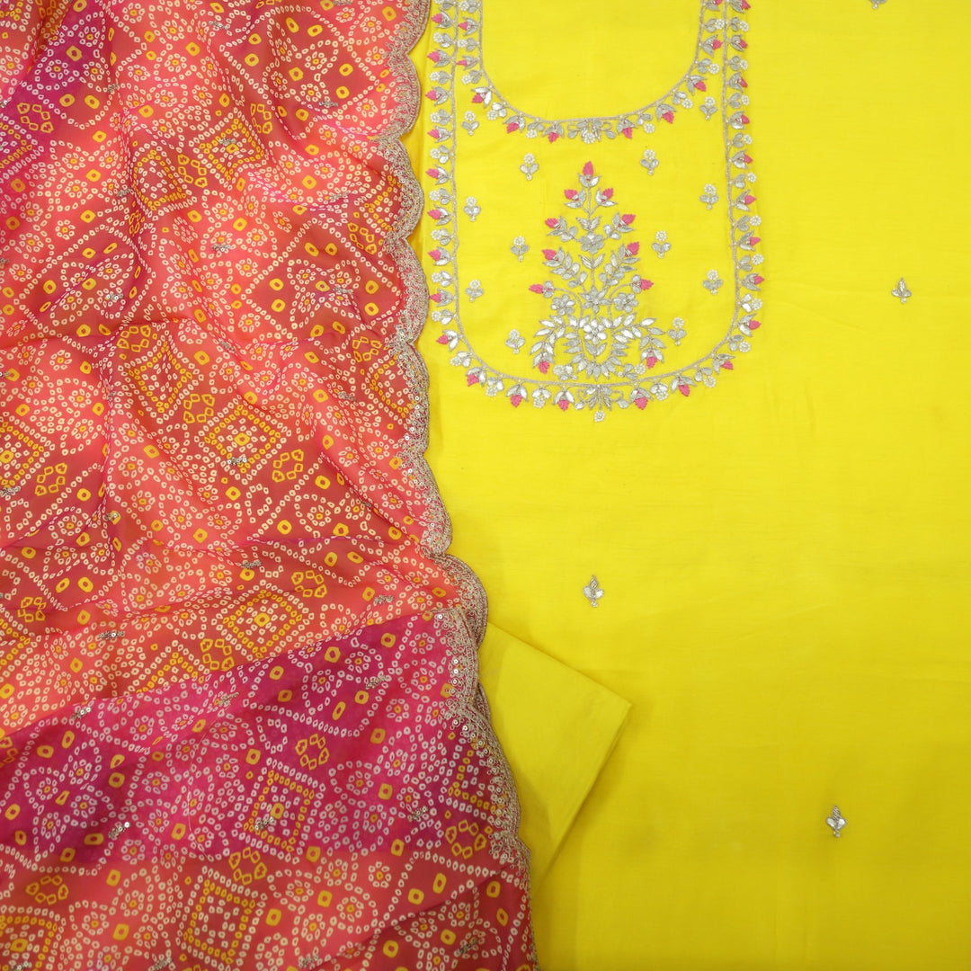 Diwaangi Banana Yellow Dola Silk Top with Organza Dupatta