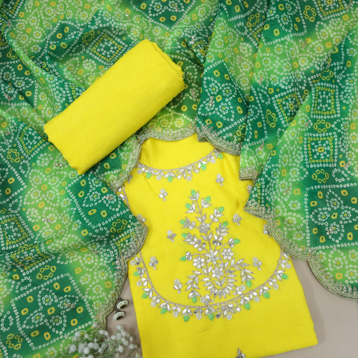 Diwaangi Snapchat Yellow Dola Silk Top with Organza Dupatta