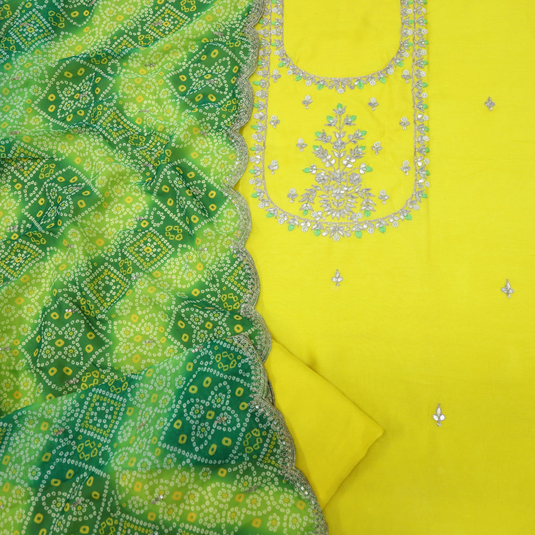 Diwaangi Snapchat Yellow Dola Silk Top with Organza Dupatta