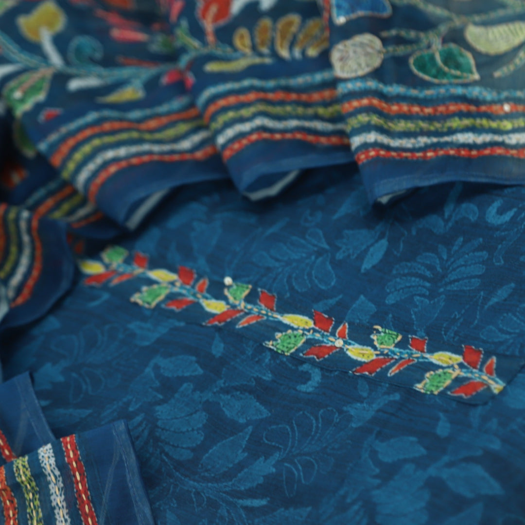 Mukammal Prussian Blue Chanderi Top with Kantha Work Chanderi Dupatta