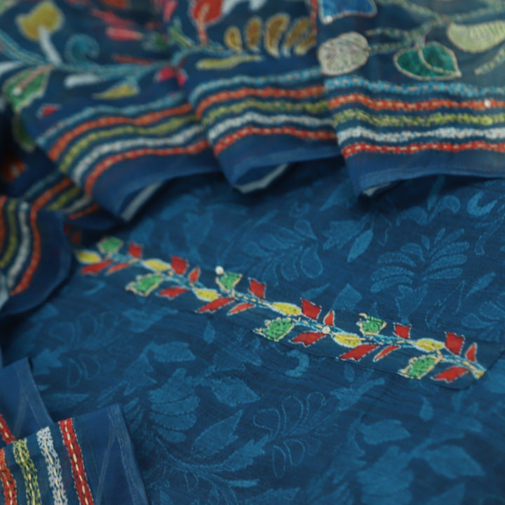 Mukammal Prussian Blue Chanderi Top with Kantha Work Chanderi Dupatta