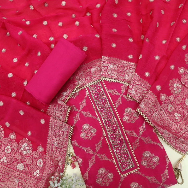 Inaayat Bright Pink Dola Silk Top with Chiffon  Dupatta