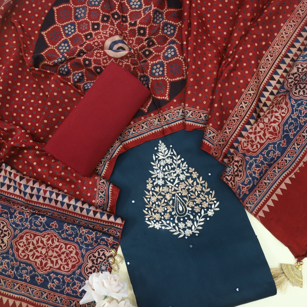 Maasoom Ocean Blue Glazed Cotton Top and Stole Style Mashru Dupatta-D2