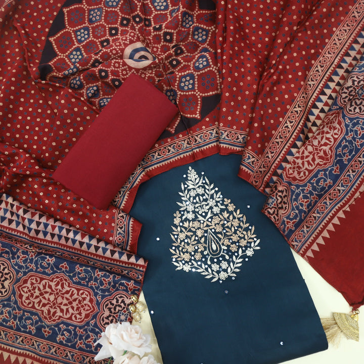 Maasoom Ocean Blue Glazed Cotton Top and Stole Style Mashru Dupatta-D2