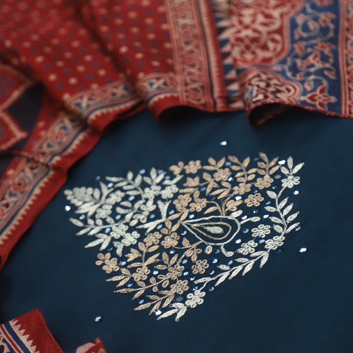 Maasoom Ocean Blue Glazed Cotton Top and Stole Style Mashru Dupatta-D2