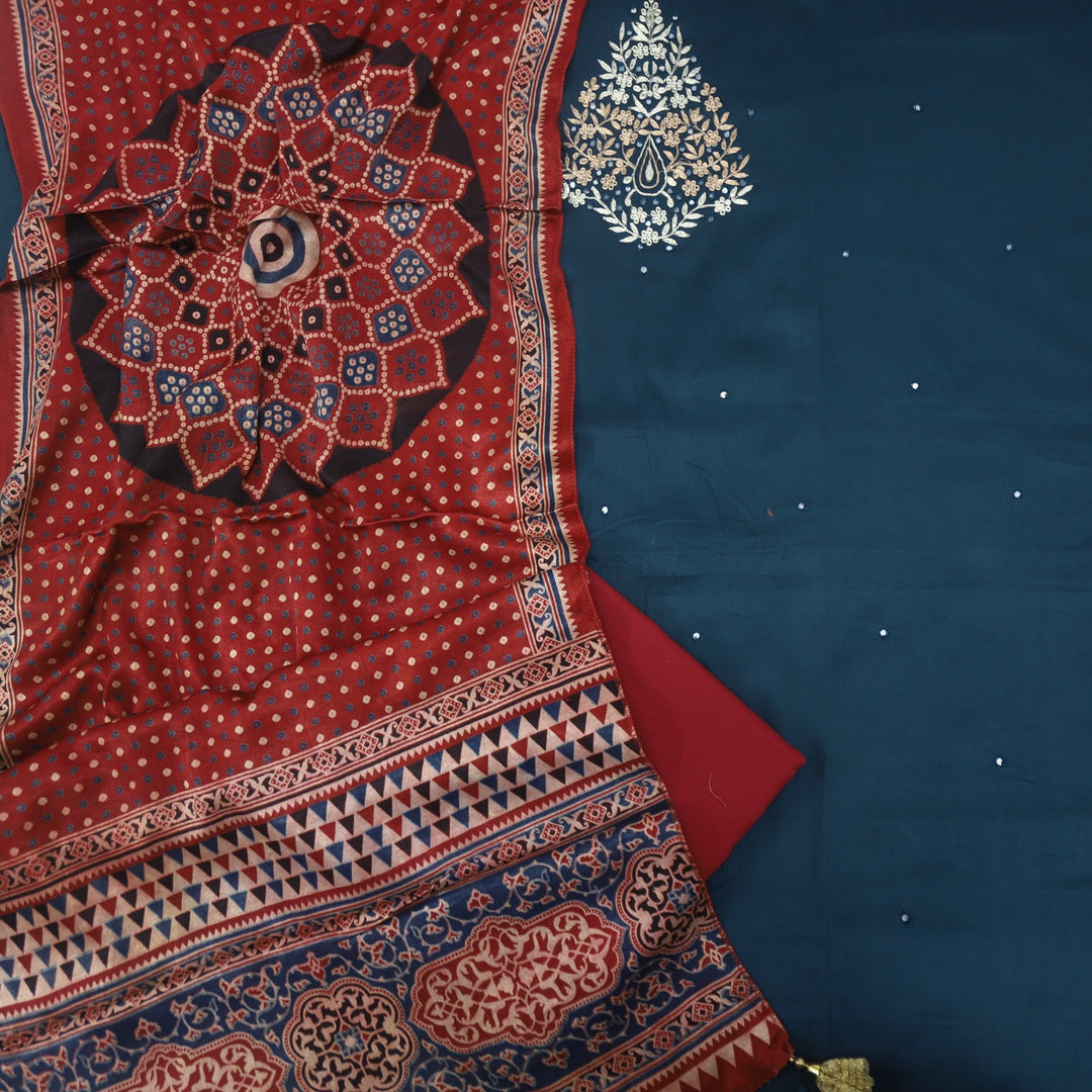 Maasoom Ocean Blue Glazed Cotton Top and Stole Style Mashru Dupatta-D2