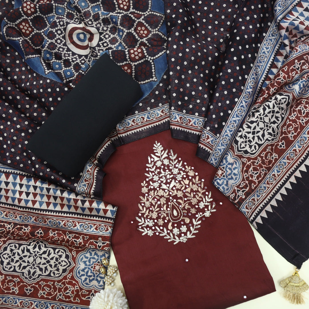 Maasoom Maroon Red Glazed Cotton Top and Mashru Stole Dupatta-D2