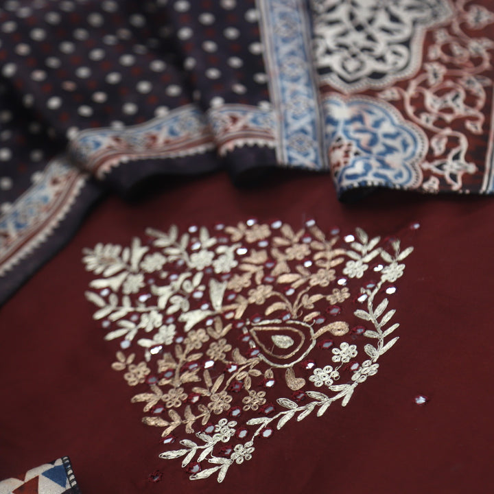 Maasoom Maroon Red Glazed Cotton Top and Mashru Stole Dupatta-D2