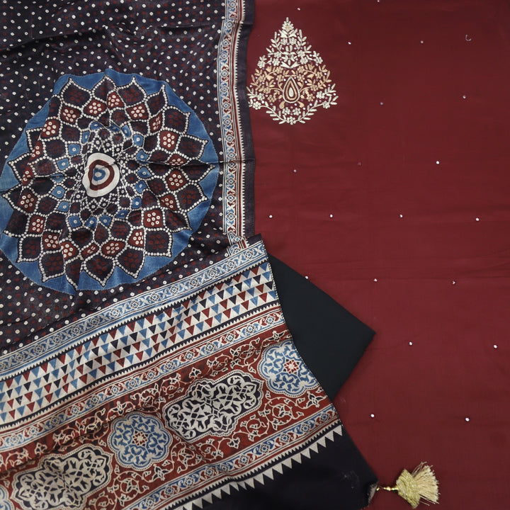 Maasoom Maroon Red Glazed Cotton Top and Mashru Stole Dupatta-D2