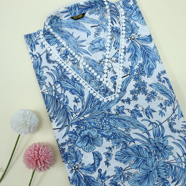 White And Blue Tropical Printed Cotton Top