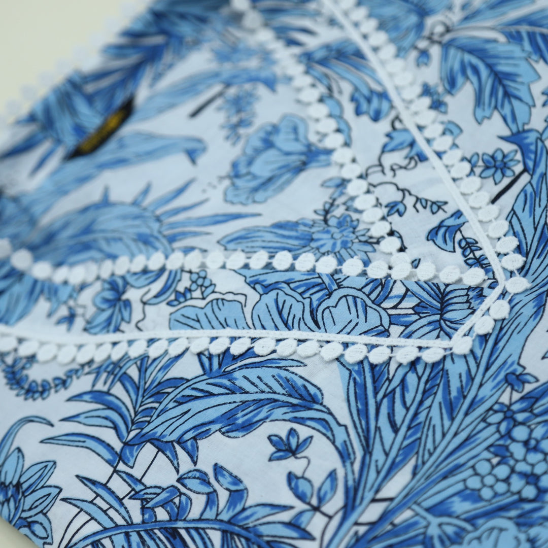 White And Blue Tropical Printed Cotton Top