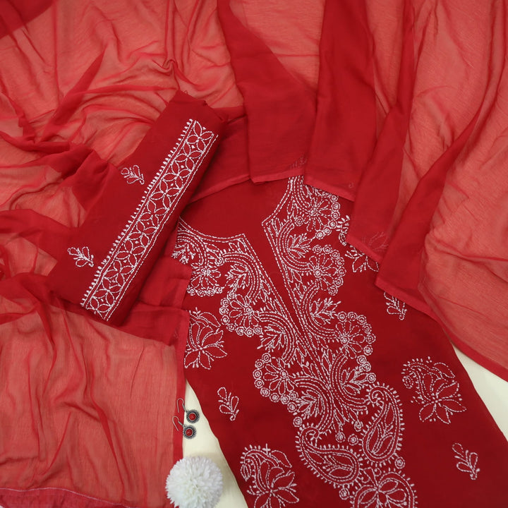 Blood Red Authentic Chikankari Cotton Top with Chiffon Dupatta Set