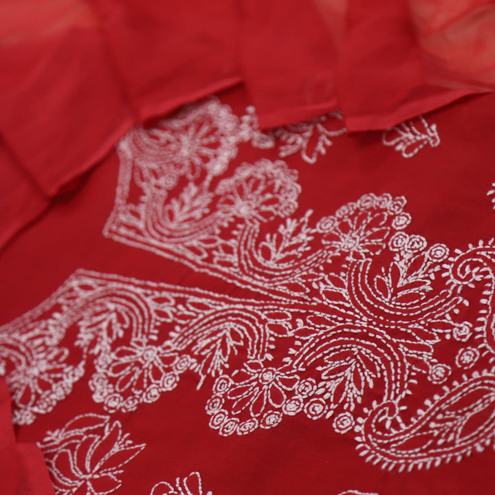 Blood Red Authentic Chikankari Cotton Top with Chiffon Dupatta Set