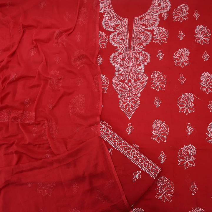 Blood Red Authentic Chikankari Cotton Top with Chiffon Dupatta Set