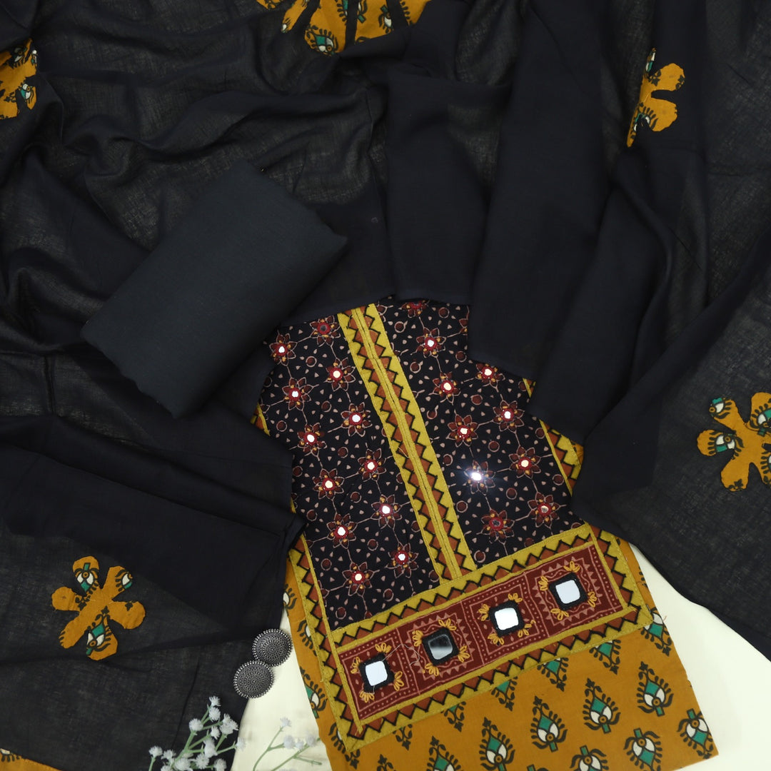 Ruhani Dijon Yellow Ajrak Cotton Top With Applique Work Dupatta