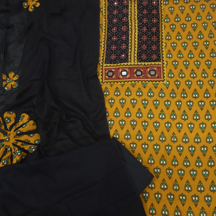 Ruhani Dijon Yellow Ajrak Cotton Top With Applique Work Dupatta