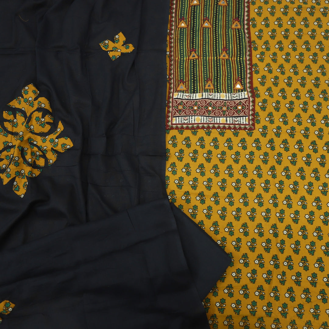 Ruhani Dijon Yellow Ajrak Cotton Top With Applique Work Dupatta-D2