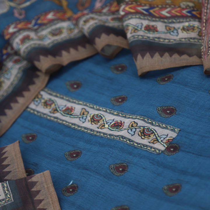 Kohinoor Yale Blue  Chanderi Top with Kantha Work Dupatta Set