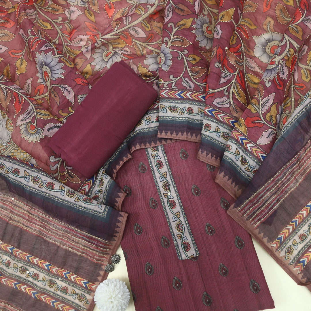 Kohinoor Mahogany Purple Chanderi Top with Kantha Work Dupatta Set