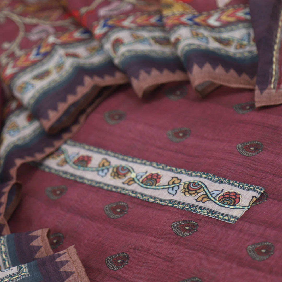 Kohinoor Mahogany Purple Chanderi Top with Kantha Work Dupatta Set