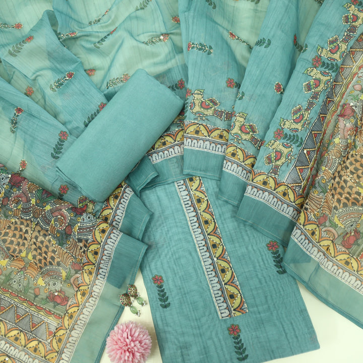 Kohinoor Iceberg Blue Chanderi Top with Kantha Work Dupatta Set