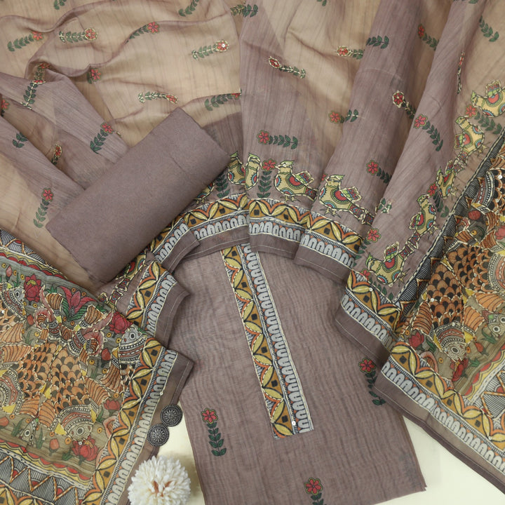 Kohinoor Mauve Taupe Chanderi Top with Kantha Work Dupatta Set
