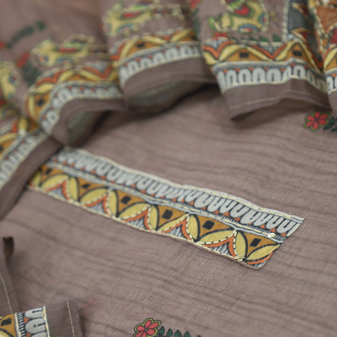 Kohinoor Mauve Taupe Chanderi Top with Kantha Work Dupatta Set